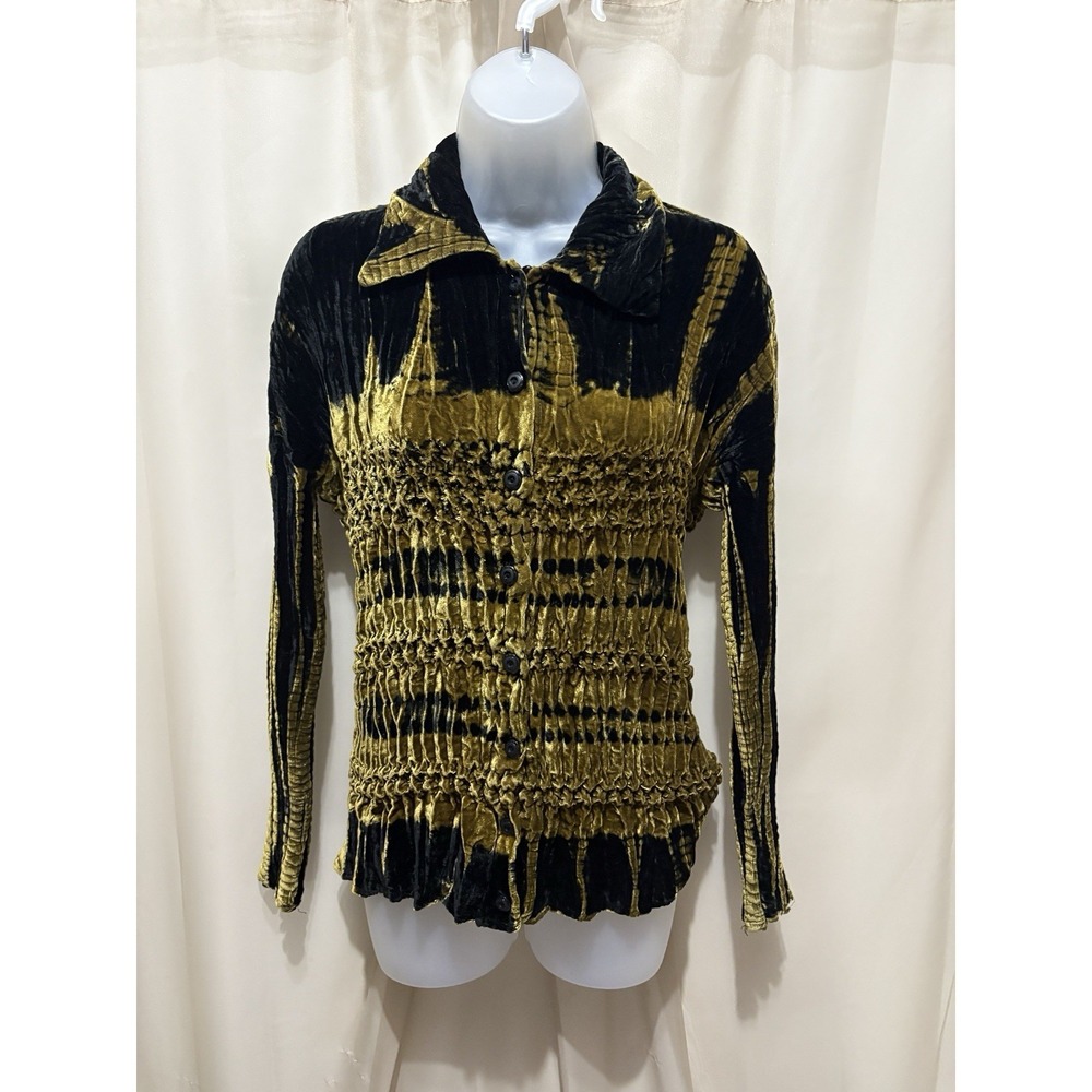 1990s Y2K Women's Vintage Velvet Crinkle Olive/Black Long Sleeves Blouse M